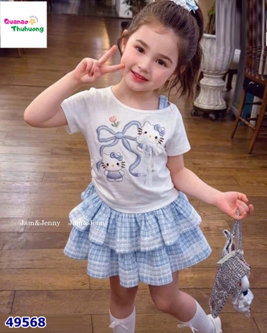 Set J&J trắng Kitty, váy caro xanh