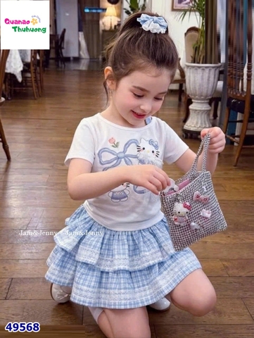 Set J&J trắng Kitty, váy caro xanh
