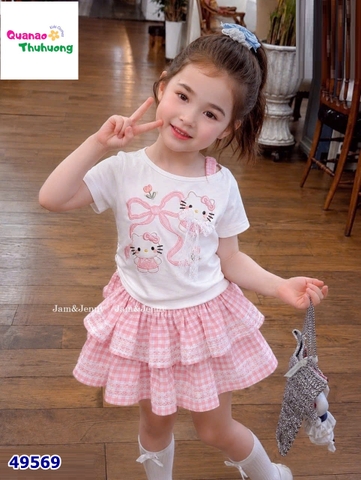 Set J&J trắng Kitty, váy caro hồng