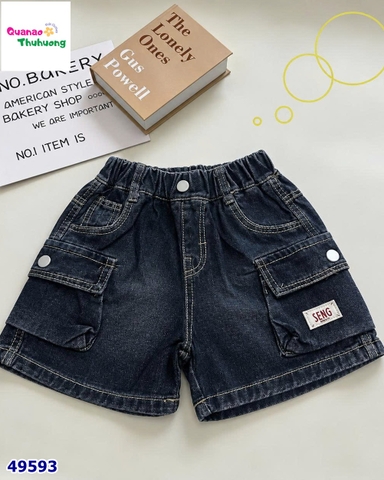 Quần short jean xanh đậm túi hộp chữ Seng