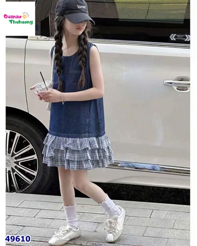 Đầm jean xanh đậm sọc caro