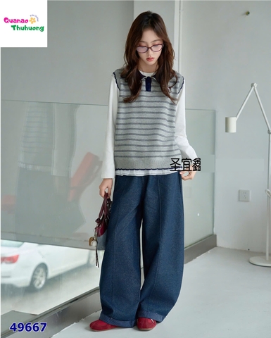 Set Syci gile sọc xám, quần jean xanh