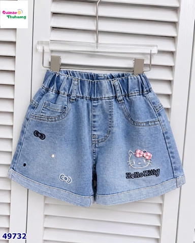 Quần short jean xanh thêu Kitty