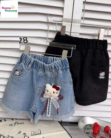 Quần short jean xanh túi thêu kitty