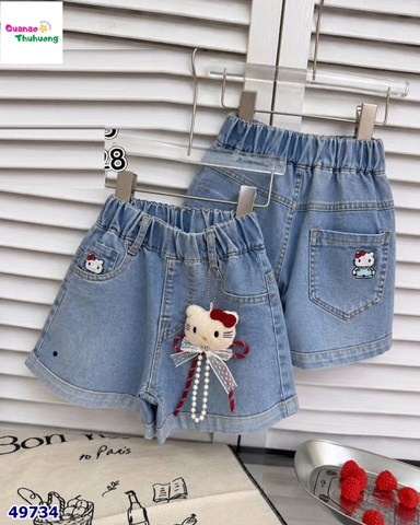 Quần short jean xanh túi thêu kitty