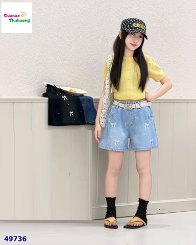 Quần short jean xanh túi thêu nơ nhí