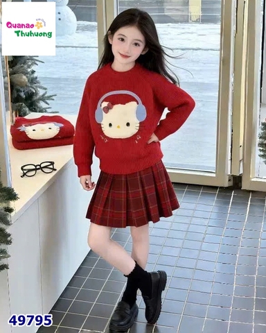 Set áo len đỏ Kitty, chân váy caro đỏ
