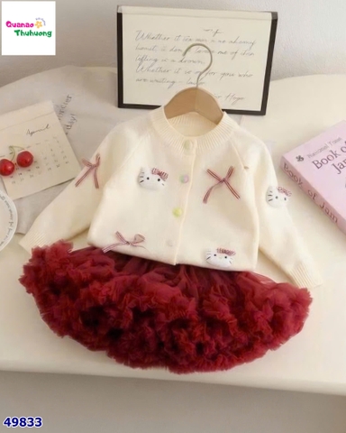 Set váy tutu đỏ, Cadigan kem Kitty nơ