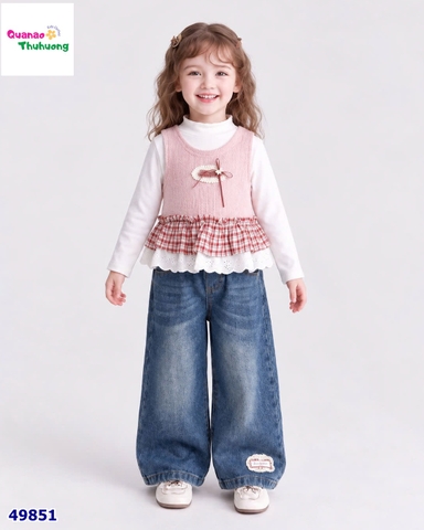 Set 3 món: Áo dài, áo len hồng đính nơ, quần jean
