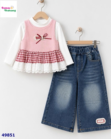 Set 3 món: Áo dài, áo len hồng đính nơ, quần jean