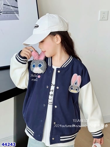 Bomber xanh dương phối tay trắng + thỏ hồng - size 120