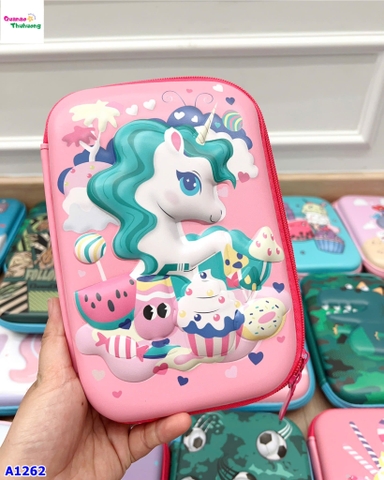 Hộp bút hồng Unicorn tóc xanh