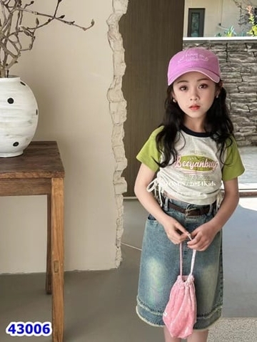 Set váy jean, áo tay xanh - size 110