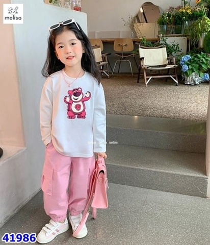 Bộ dài Melisa trắng gấu dâu - size 3-4y