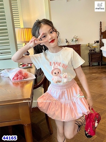 Set váy Melisa trắng Labubu, váy bí hồng - size 3-4y