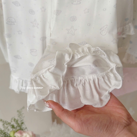 Bộ Tencel lửng Honey trắng cô gái viền xanh