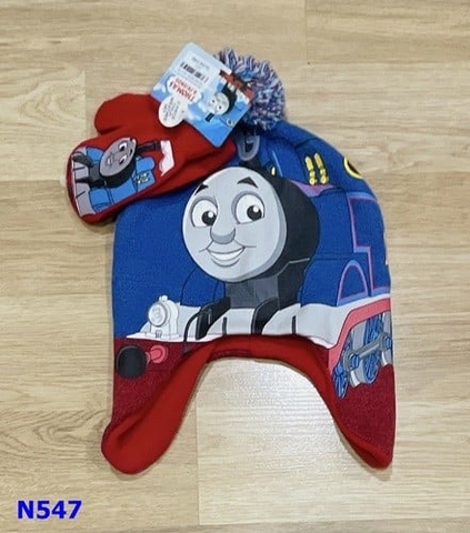 Nón len chụp tai xanh đỏ xe lửa+bao tay đỏ - size 4-8y