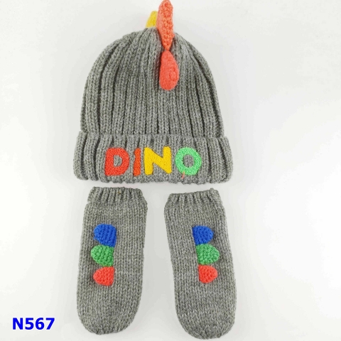 Bao tay + nón len Xám Dino - size 1-6y