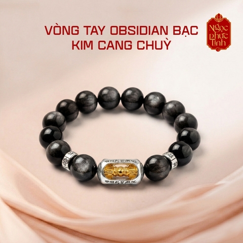 Vòng Tay Đá Obsidian Kim Cang Chùy Ánh Bạc 12mm