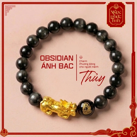 Vòng Tay Obsidian Ánh Bạc Tỳ Hưu Tài Lộc 10mm - Mệnh Thủy