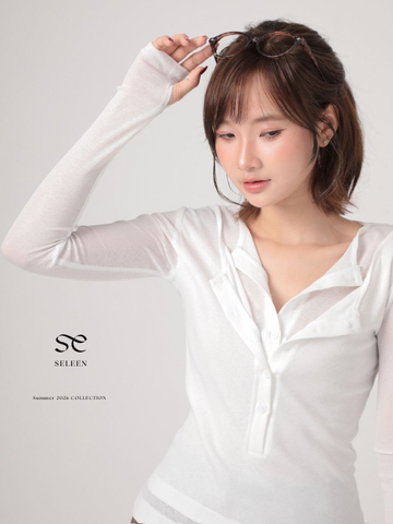 Seleen, Áo thun mỏng tay dài form ôm giả 2 lớp cổ cài, WT0275