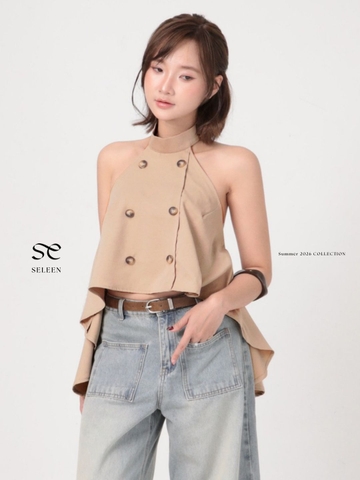 Seleen, Áo cổ yếm form rộng xòe hở lưng ci tiết 2 hàng nút, WT0273