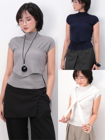 Seleen, [3 màu] Áo dệt kim cao cấp form ôm cổ cao tay ngắn kèm khăn rời mặc nhiều kiểu, WT0208