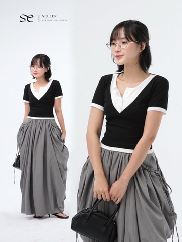 Seleen, Áo thun form ôm co dãn 4 chiều giả layer 2 lớp chi tiết cài nút, WT0220