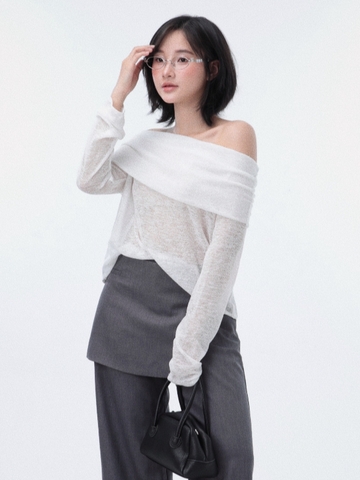 Seleen, Áo trễ vai form rộng chất liệu dệt kim mỏng xuyên thấu tay dài mùa hè, WT0238