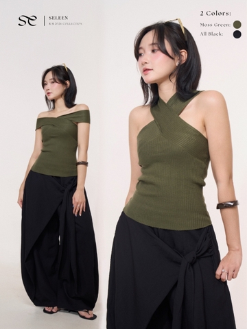 Seleen, [ 2 màu ] Áo dệt kim cổ yếm chéo cổ mặc nhiều kiểu co dãn không tay, WT0243