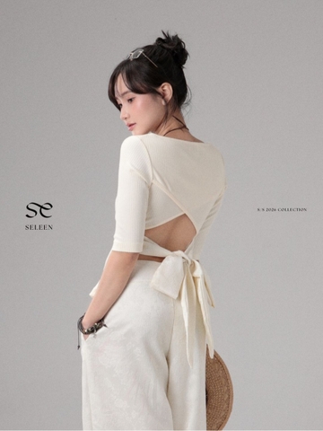 Seleen, Áo thun tay lửng form ôm chi tiết lưng hở dây gấm hoa buộc, WT0255