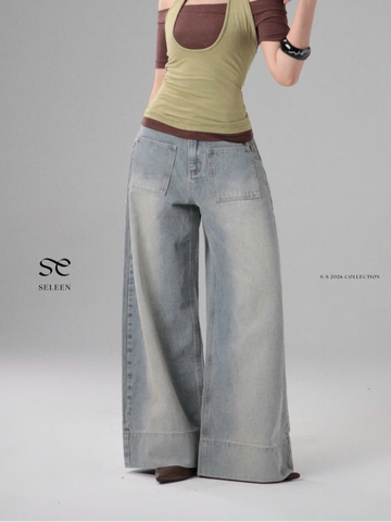 Seleen, Quần Jeans Denim lưng cao ống rộng chi tiết túi ngang, WB0262