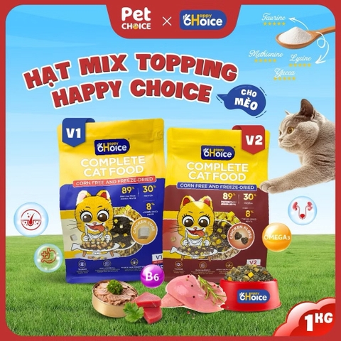 Thức ăn hạt cho mèo siêu topping Happy Choice túi 1kg hỗ trợ tiêu hoá