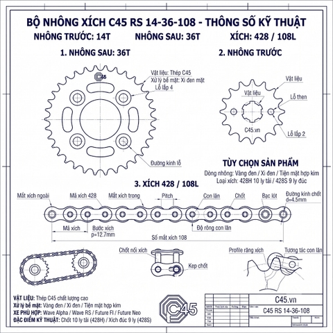 Bộ nhông xích C45 cho Honda Wave Alpha, Wave RS, Future FI, Future Neo – C45 Rs 36-14-108