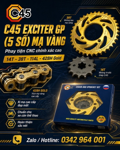 Bộ nhông xích C45 Gold cho Suzuki Raider Fi, Satria Fi, GSX150 sên đĩa vàng