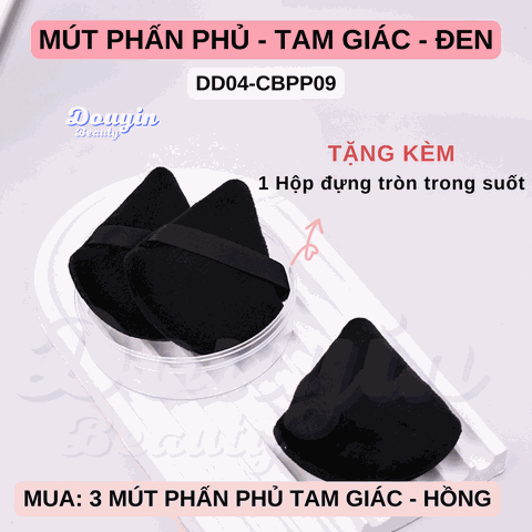 Combo: 3 mút Phấn Phủ Tam Giác (ĐEN) + HỘP TRÒN TRONG (8.3 cm)