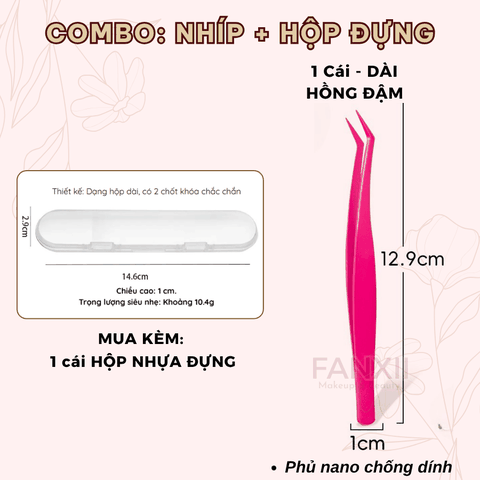 Combo: Nhíp HỒNG ĐẬM DÀI Nano + 1 Hộp Đựng