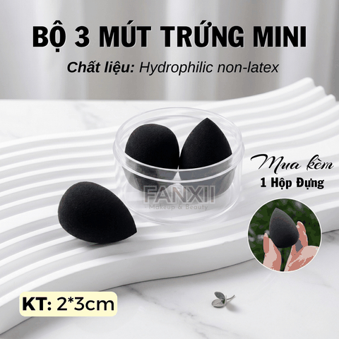 Combo: 3 mút MINI TRỨNG (ĐEN) + HỘP TRÒN TRONG (5.5cm)