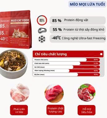 Thức ăn hoàn chỉnh hạt cho mèo mọi lứa tuổi Nuzi công thức thịt gà & cá ngừ & cỏ linh lăng 1 kg