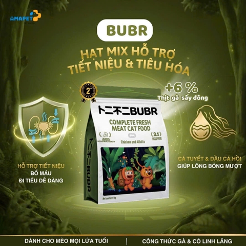 Thức ăn hoàn chỉnh cho mèo mọi lứa tuổi Bubr Công thức gà & cỏ linh lăng (Hỗ trợ tiết niệu và tiêu hóa) 1 kg