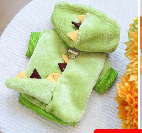 áo nỉ lông thú cưng có mũ khủng long xanh smlxl