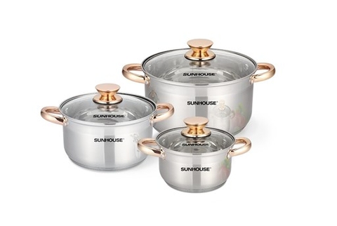 Bộ 3 nồi inox 5 đáy Sunhouse size 16-20-24cm SH781