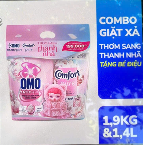 Combo giặt xả OMO + Comfor thơm sang thanh nhã tặng bé điệu 1.9kg & 1.4L