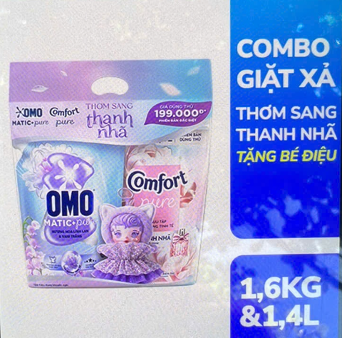 Combo giặt xả OMO + Comfor thơm sang thanh nhã tặng bé điệu 1.6kg & 1.4L