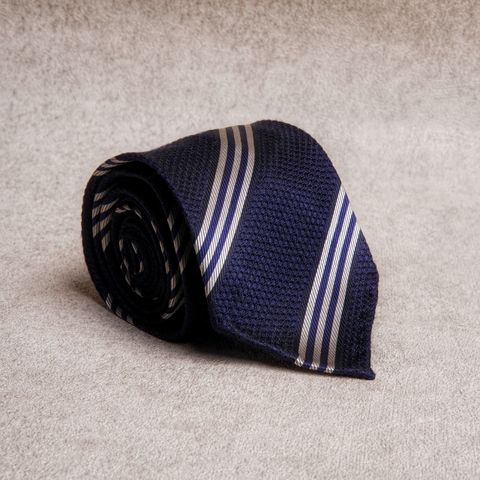 Full Handmade Navy Stripes Silk Wool Unlined Tie