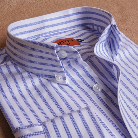 Blue White Woven Striped Button Down Cotton Shirt