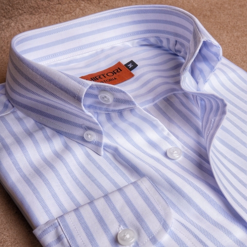 Azure Blue White Woven Striped Button Down Cotton Shirt