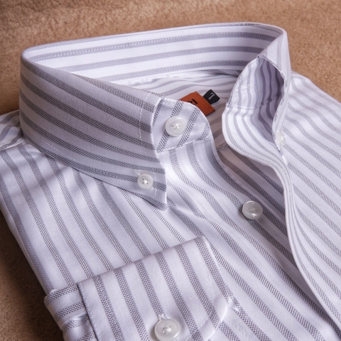 Silver White Woven Striped Button Down Cotton Shirt