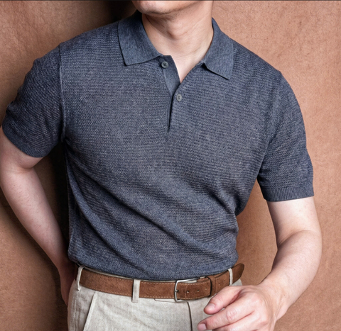 Sasso Navy Grey Linen Tencel Knit Polo