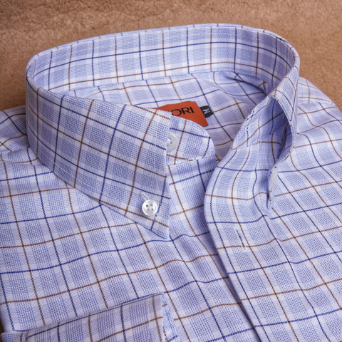 White Navy Brown Check Button Down Cotton Shirt
